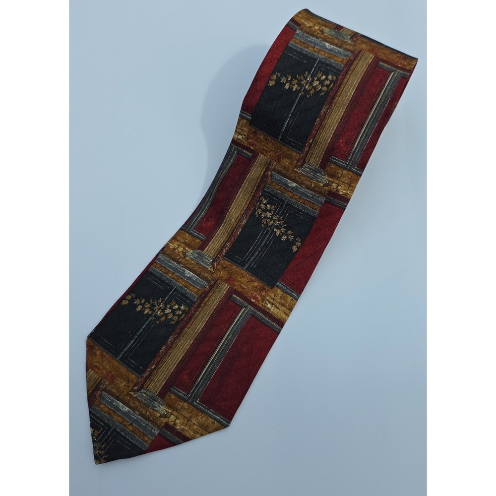 Ermenegildo Zegna Silk Tie Red Gold Architectural Pattern Italy Classic 2010s‎